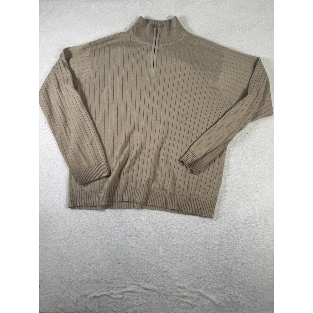 Van Heusen Studio Quarter Zip Sweater Mens XL Tan Good Ribbed Pullover Mock Neck
